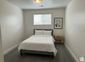 Neutral wall paint, ceiling-mounted light fixture, window with blinds, and carpet flooring