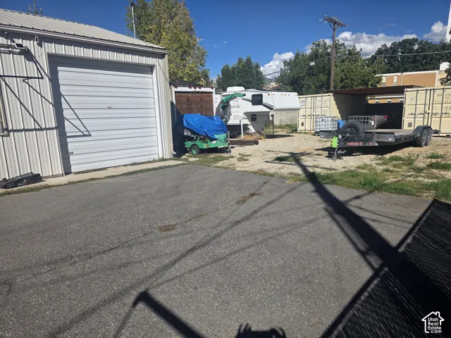 Industrial-style building with a roll-up garage door