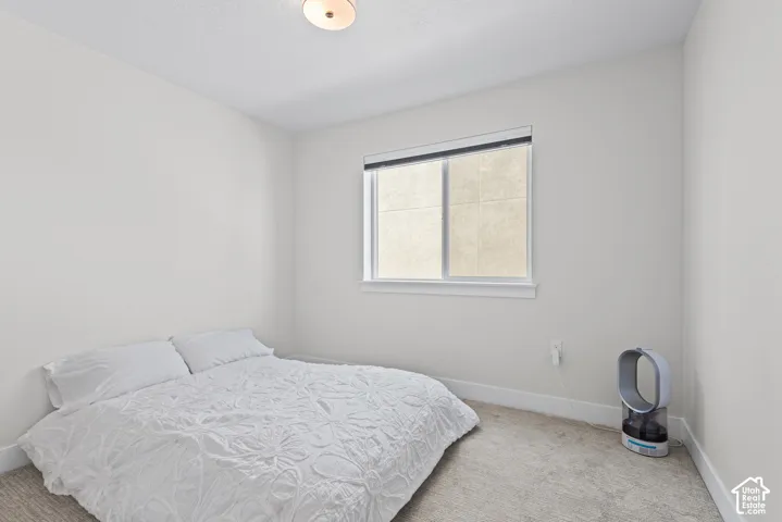 Neutral wall color, carpet flooring, window with blinds, ceiling-mounted light fixture