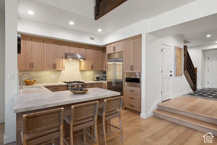 Gourmet kitchen with wood-finish cabinetry, stainless steel appliances, and light-toned countertops