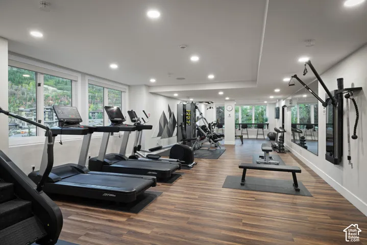 Dedicated fitness space featuring wood-finish flooring, recessed lighting, and large windows
