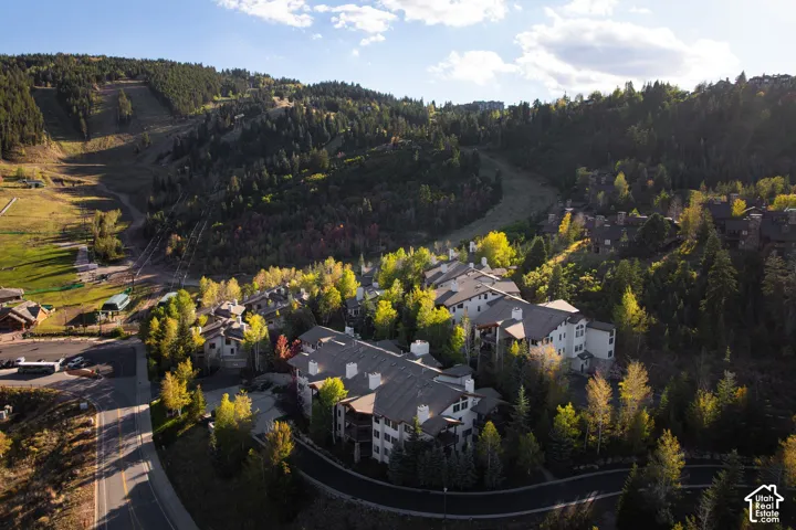 Sloped terrain, wooded surroundings, and paved roadways define this residential area