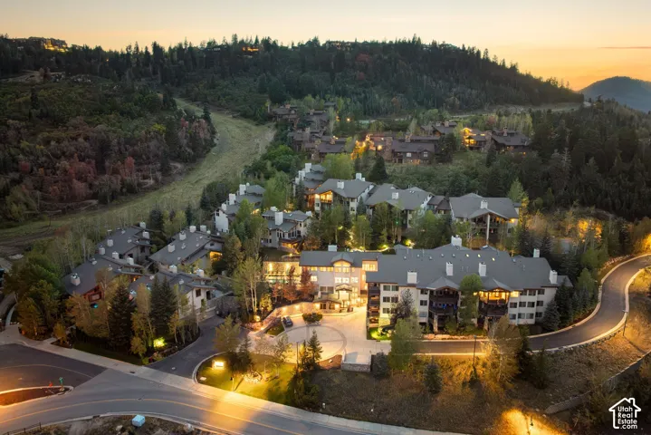 Multiple residential structures situated on a tree-lined hillside with paved roadways