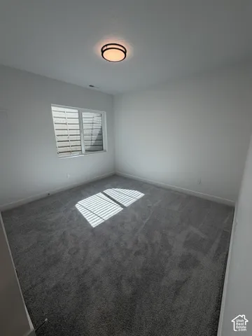 Neutral wall finishes, recessed window, window blinds, flush mount ceiling light, and gray carpeting