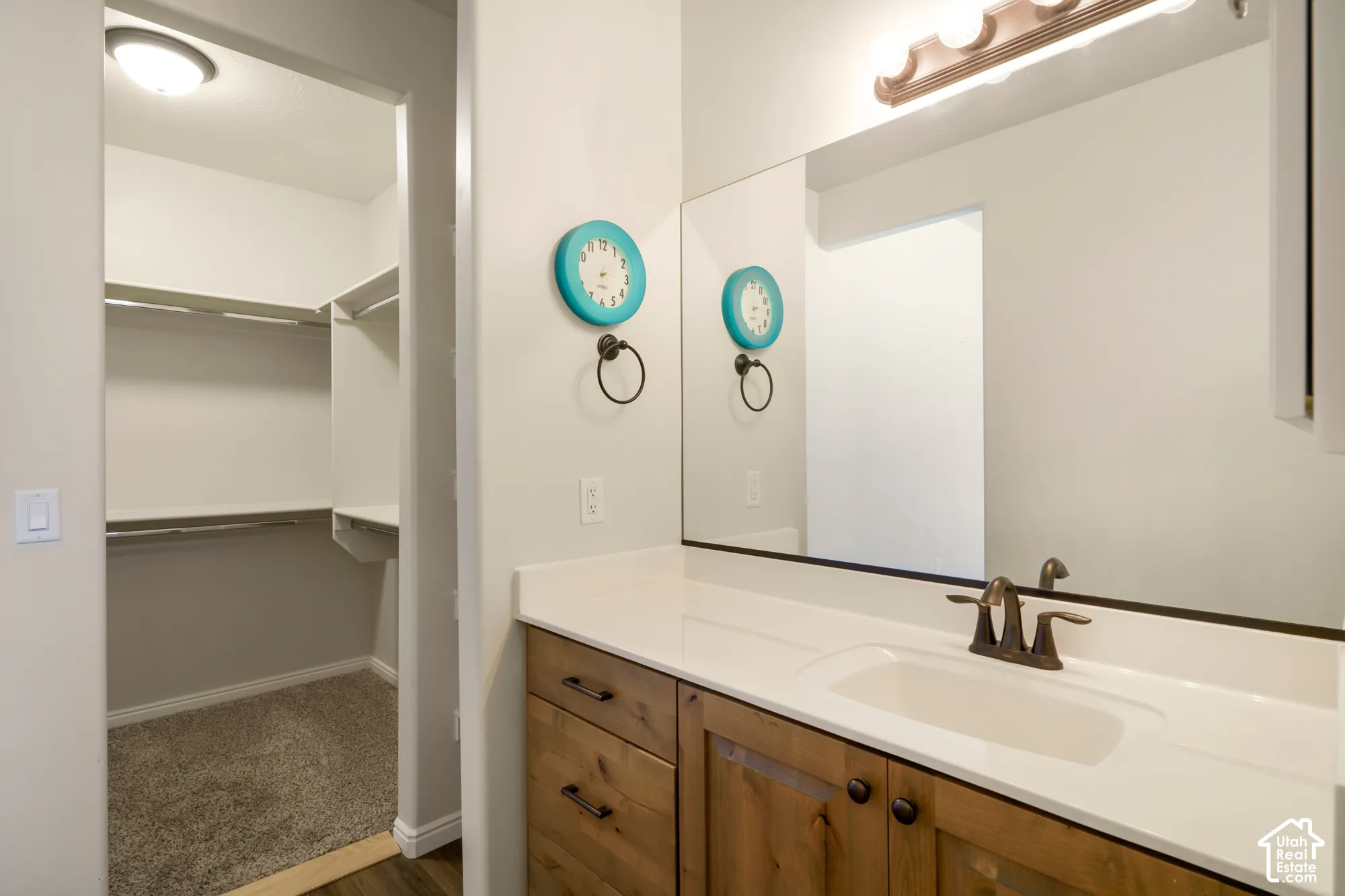 Primary walk-in closet with carpeted flooring and built-in shelving