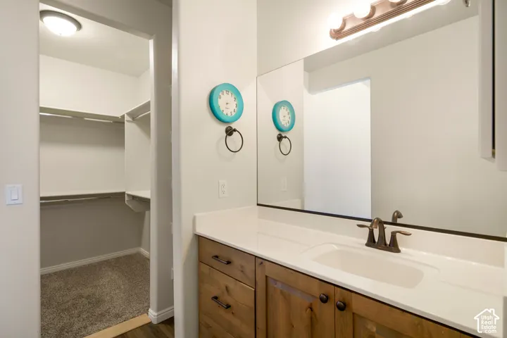 Primary walk-in closet with carpeted flooring and built-in shelving
