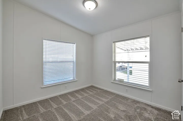 Carpeted flooring, two windows with blinds, and white walls