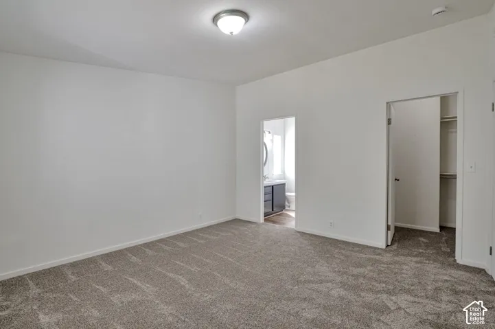 Spacious room featuring neutral carpeting, a ceiling-mounted light fixture, and a doorway to a bathroom with a modern vanity