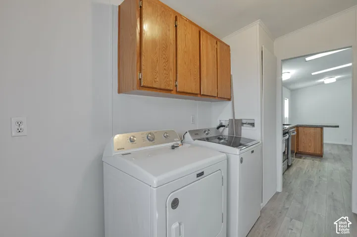 Laundry area featuring wood-finish cabinetry and light wood-finish flooring
