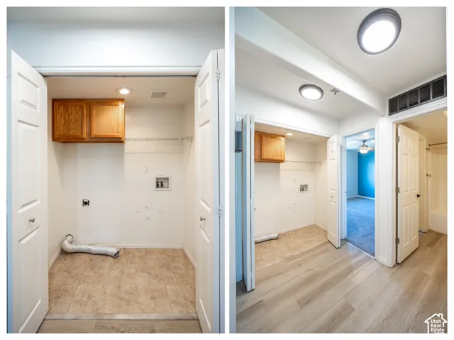 Laundry with view of adjacent primary bed/bath.