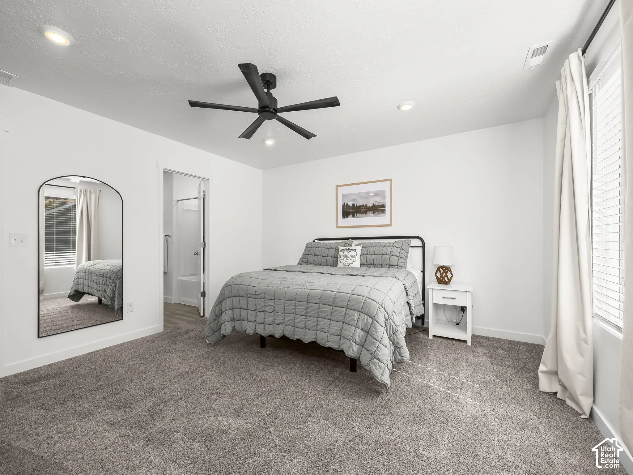 Recessed lighting, ceiling fan, carpet flooring, window with blinds, and white walls