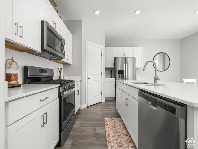 Modern kitchen featuring white cabinetry, stainless steel appliances, wood-finish flooring, recessed lighting, and a kitchen island with an integrated sink