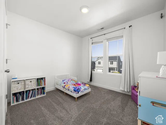 Carpeted room featuring a white door, large windows with white trim, and a flush-mount ceiling light