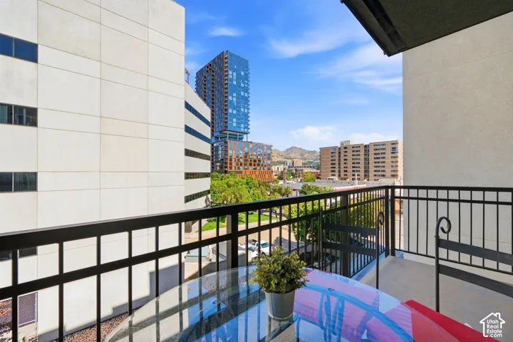 Balcony with metal railing and city backdrop