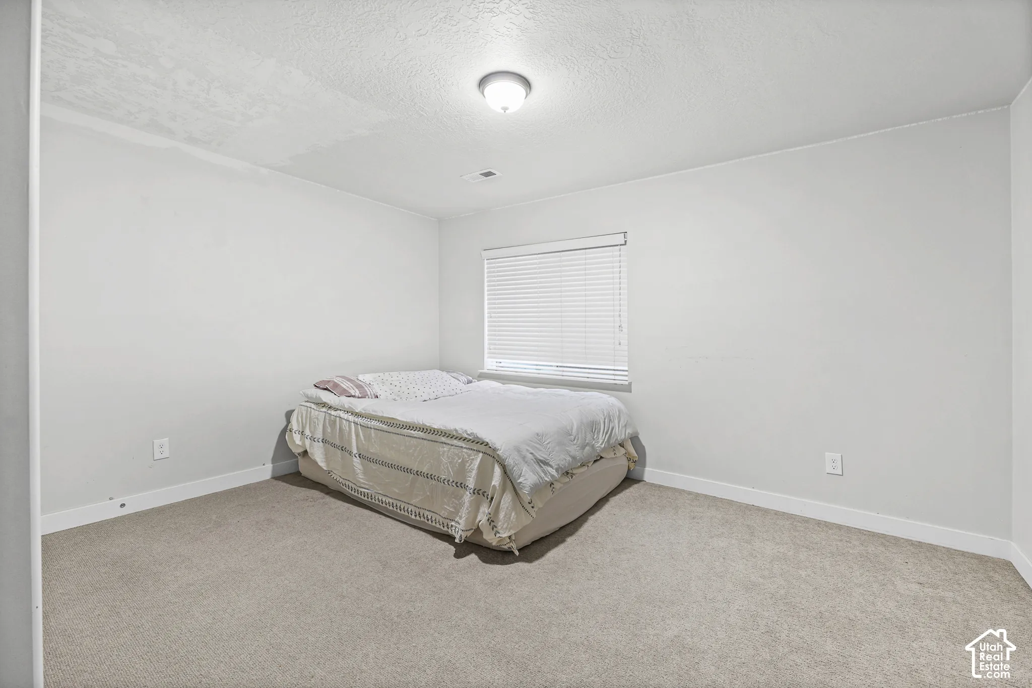 Recessed window with horizontal blinds, overhead flush mount lighting, and light-colored carpeting