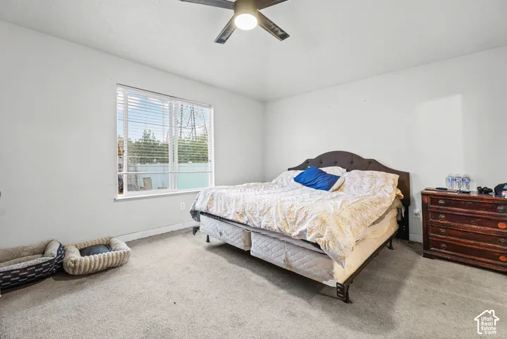 Carpeted flooring, a window with horizontal blinds, and a ceiling fan