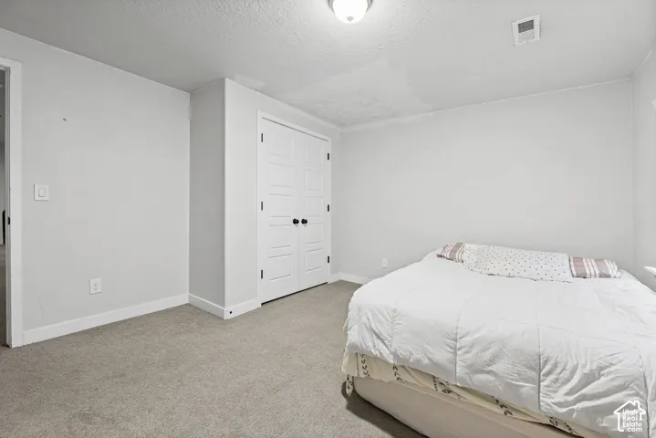 Carpeted flooring, white interior doors, and a built-in closet