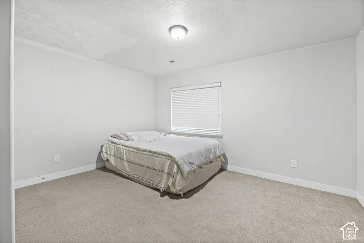 Recessed window with horizontal blinds, overhead flush mount lighting, and light-colored carpeting