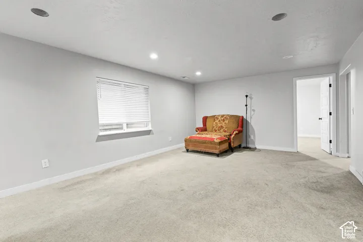 Recessed lighting, light-toned carpeting, window with blinds, white trim, and a paneled interior door with black hardware