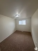 Neutral wall paint, ceiling-mounted light fixture, and brown carpet flooring