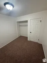 Built-in closet with shelving and hanging rod, paneled interior door, and flush mount ceiling light
