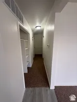 Hallway with integrated shelving, overhead lighting, and mixed flooring featuring carpet and wood-finish planks