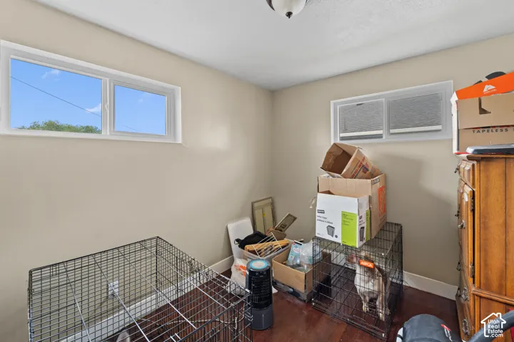 Hardwood-finish flooring, light tone wall paint, white trim, and multiple windows