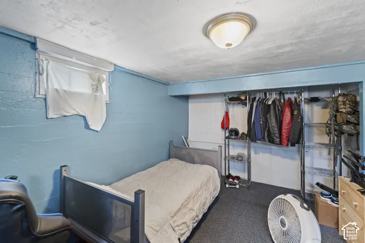 Recessed ceiling light fixture, window with white blinds, wall-to-wall carpeting, painted concrete walls, and built-in closet shelving system
