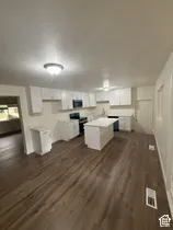 Wood-finish flooring throughout, white cabinetry, kitchen island with countertop, and modern ceiling light fixtures