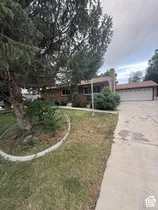 Brick exterior with a detached garage, concrete driveway, and mature landscaping