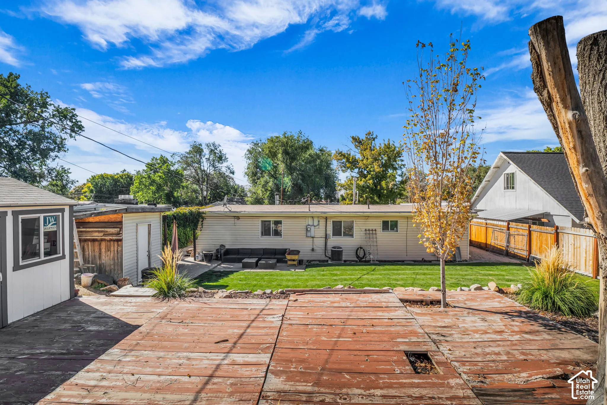 Expansive backyard featuring a large wood-finish deck, manicured lawn, and mature trees