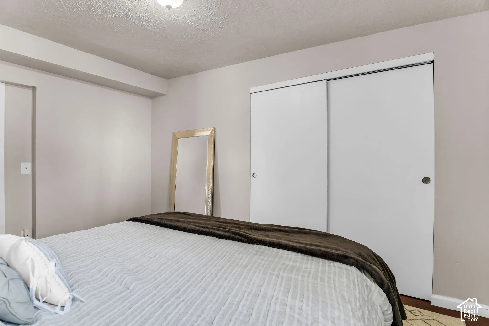 Neutral wall paint, white sliding closet doors, wood-finish flooring, and overhead lighting
