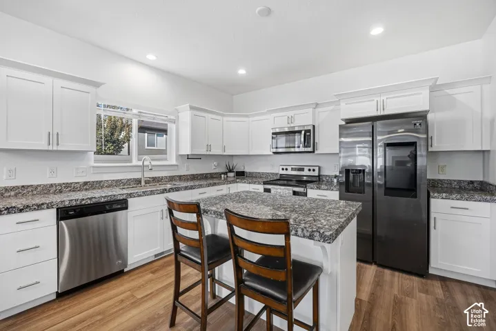 White cabinetry, speckled countertops, stainless steel appliances, wood-finish flooring, and recessed lighting