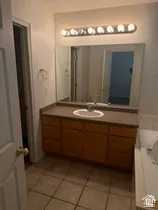 Vanity with a built-in sink, wood-finish cabinetry, and a countertop