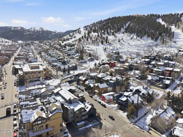 Aerial perspective showcasing a vibrant residential area with diverse architectural styles, snow-covered rooftops, and a prominent mountain backdrop