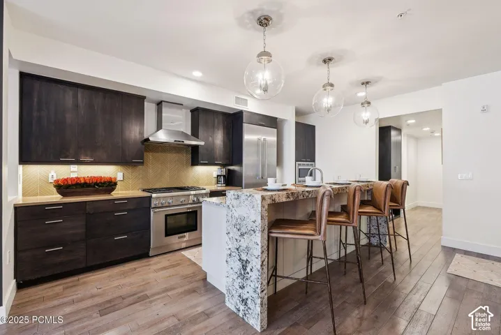 Chef’s kitchen featuring dark wood cabinetry, stainless steel appliances, a tile backsplash, wood-finish flooring, and a stone-clad island with seating
