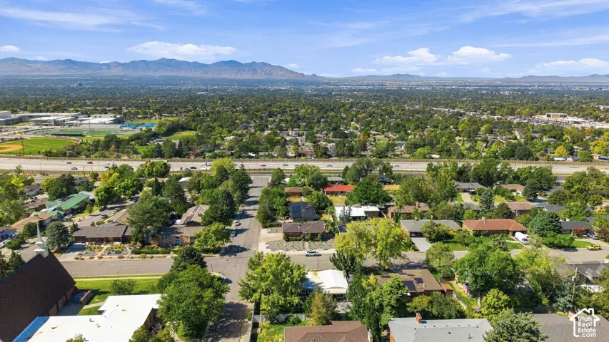 Extensive residential area with mature trees and a prominent mountain backdrop