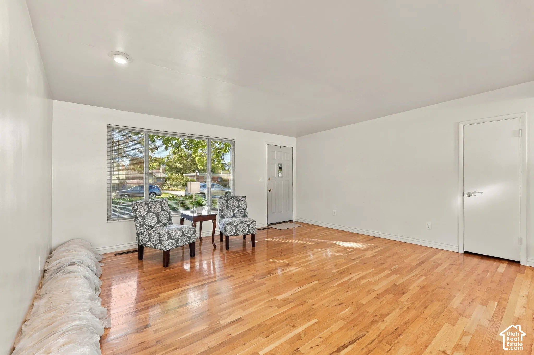 Light wood-finish flooring with a front entry door and a window