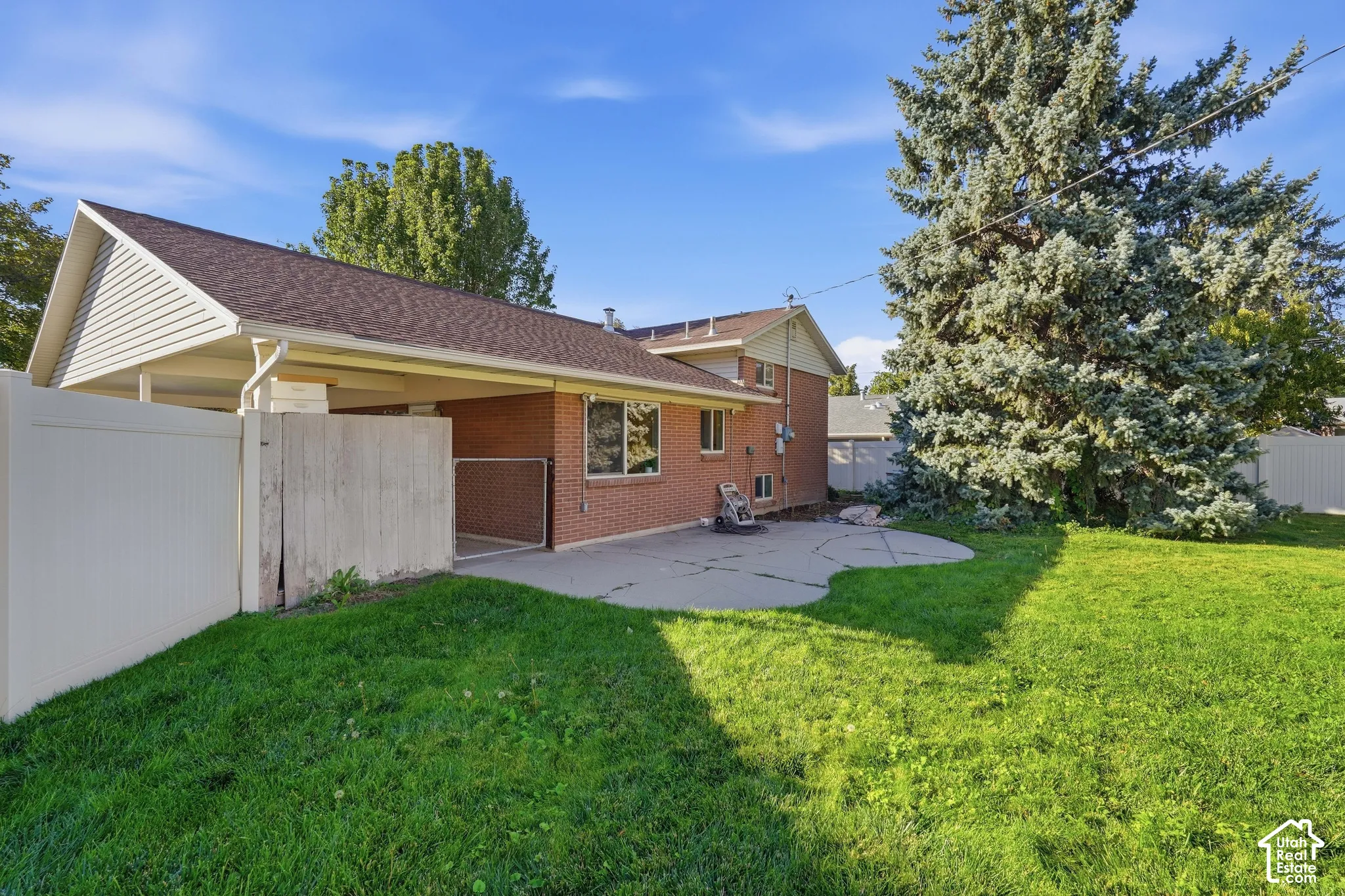 Expansive rear yard featuring green lawn, established trees, and a concrete patio