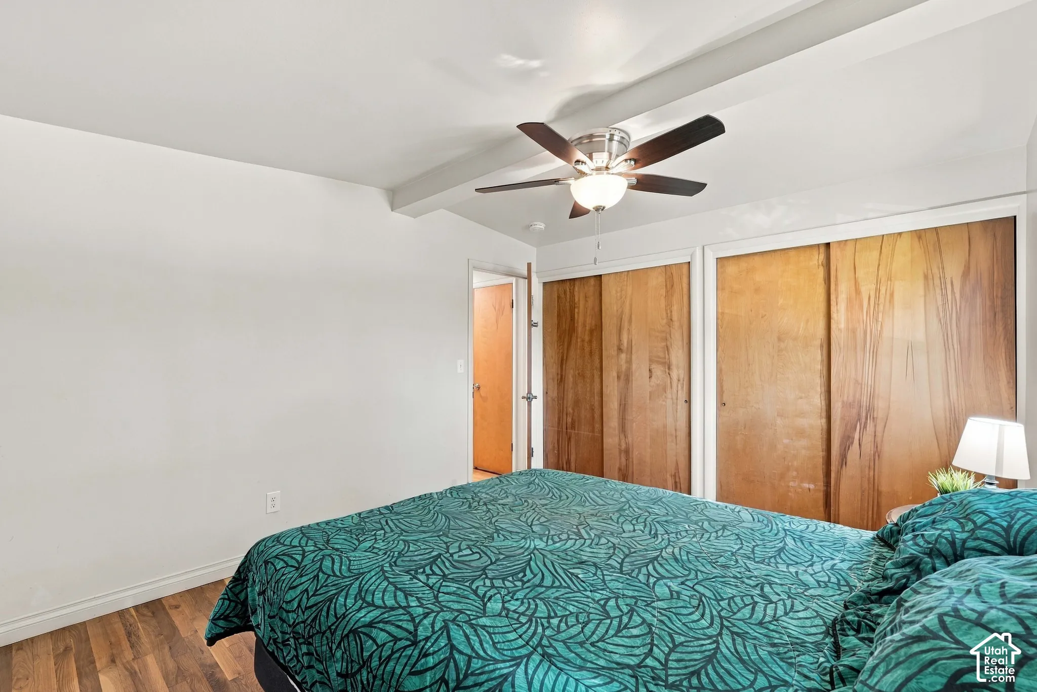 Wood-finish flooring, two large closets with wood panel doors, and a ceiling fan with integrated lighting