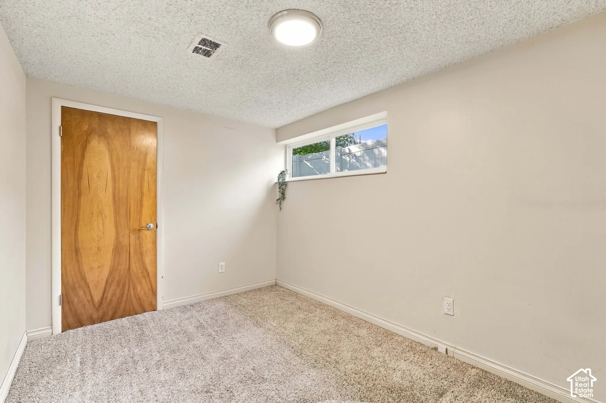 Recessed window, textured ceiling, light-colored carpeting, wood door, flush-mount lighting fixture