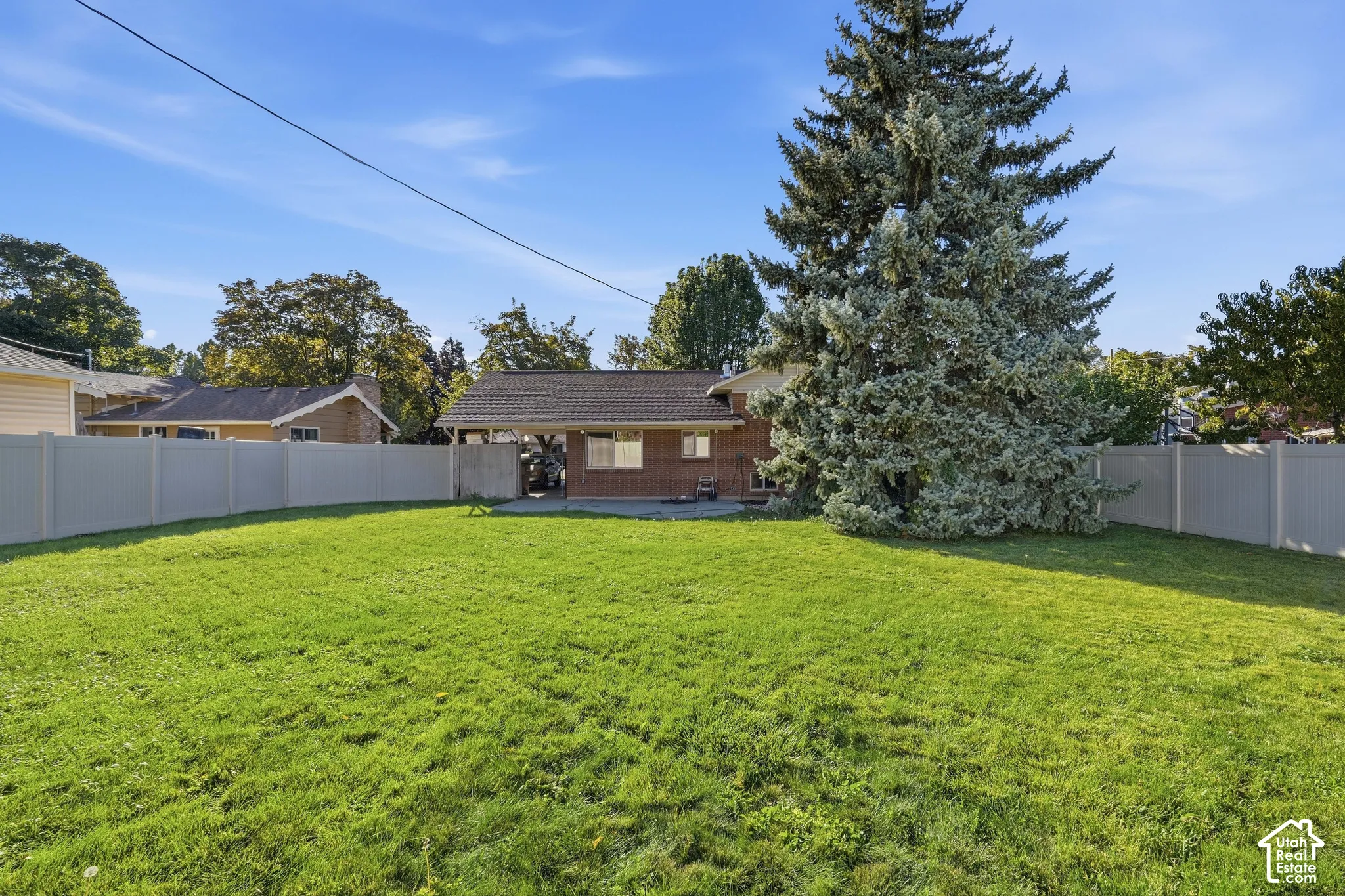 Expansive green lawn, mature evergreen tree, light-colored privacy fencing, brick exterior, and a covered patio area