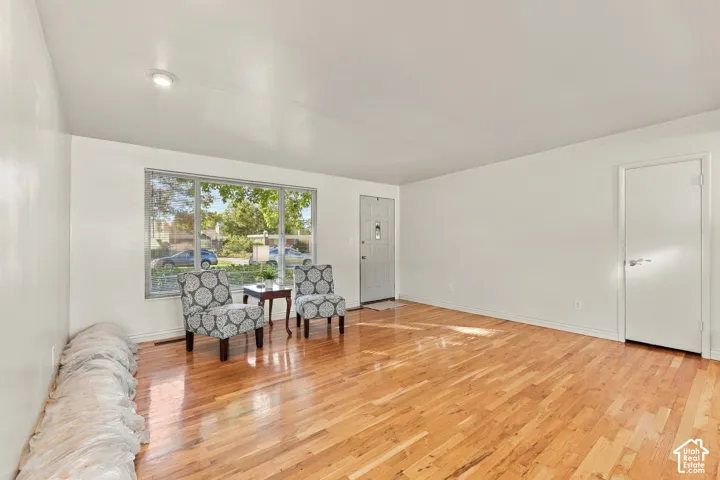 Light wood-finish flooring with a front entry door and a window