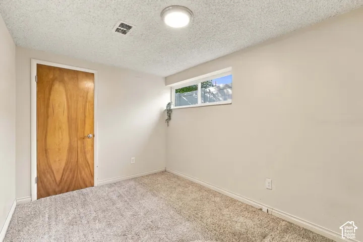 Recessed window, textured ceiling, light-colored carpeting, wood door, flush-mount lighting fixture