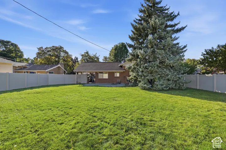 Expansive green lawn, mature evergreen tree, light-colored privacy fencing, brick exterior, and a covered patio area