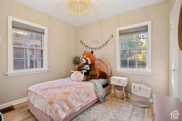 Neutral wall paint, wood-finish flooring, two large windows, white window trim, and a ceiling-mounted light fixture