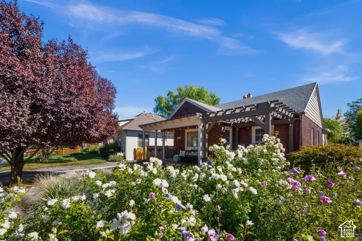 Brick exterior with a gabled roof, front pergola, and established landscaping with flowering bushes and a mature tree