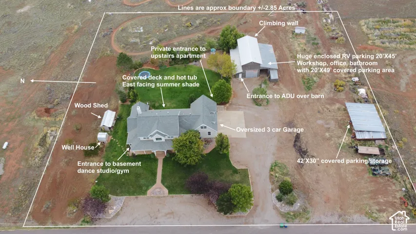 Aerial Property Overview. Illustrating the layout of the property including structures and approximate boundaries