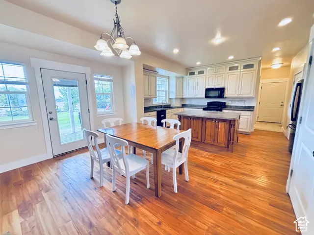 Wood-finish flooring throughout kitchen and great room area.