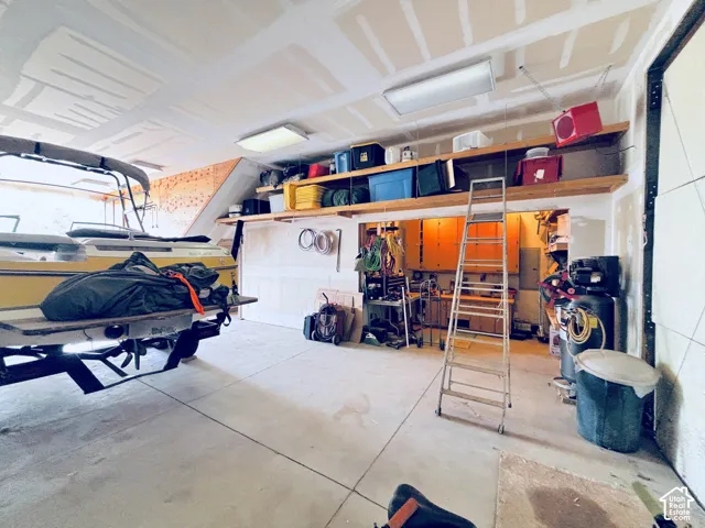 Spacious RV storage area with shelving - Barn structure.